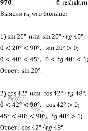 Изображение 1970.1 Выяснить, что больше:1) sin 20° или sin 20° * tg40°; 2) cos42° или cos 42°*...