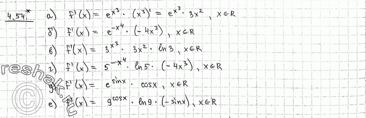 Изображение 4.54* а) f(x) =	ex3;	б) f(x) = e^-x4;  в) f(x)= 3x3;г) f(x) = 5^-x4;	д) f(x) = esinx; e) f(x) =...