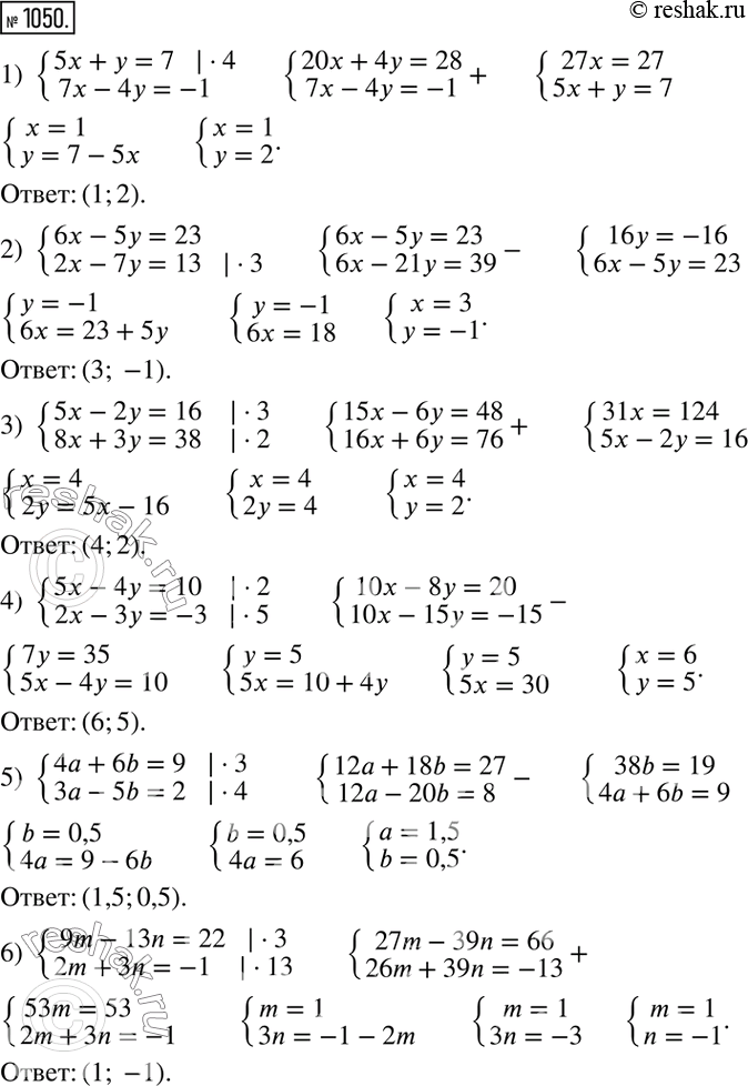 Изображение 1050. Решите систему уравнений методом сложения:1) система5x+y=7,7x-4y=-1;2) система6x-5y=23,2x-7y=13;3) система5x-2y=16,8x+3y=38;4)...