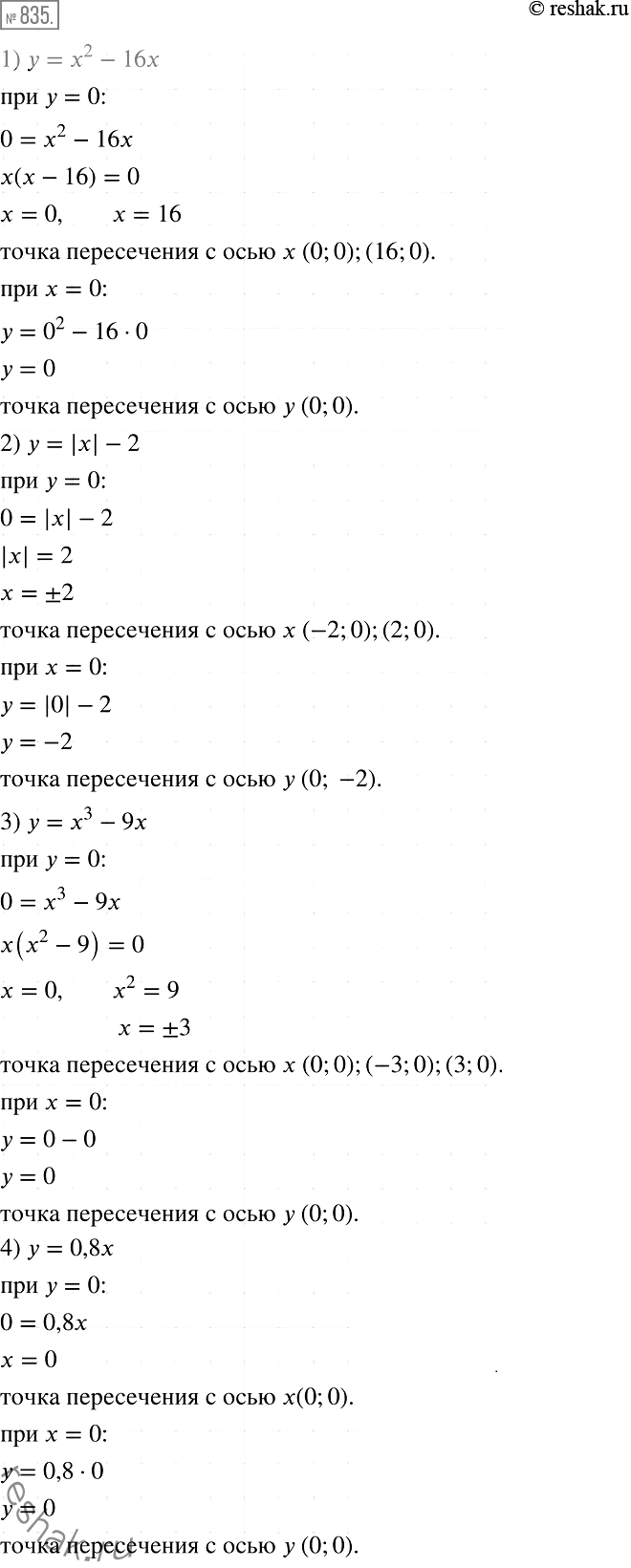 Изображение 835. Не выполняя построения, найдите координаты точек пересечения с осями координат графика функции:1) у = х2 - 1бх;	2) у = |х| - 2;	3) у = х3 - 9х;4) у =...