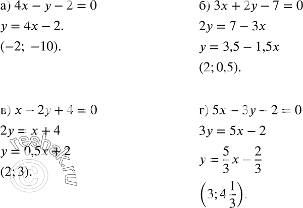 Изображение 679. Запишите какое-либо решение уравнения:а) 4x - у - 2 = 0;	б) Зx + 2y — 7 = 0;в) х - 2у + 4 = 0;	г) 5x - Зу - 2 =...