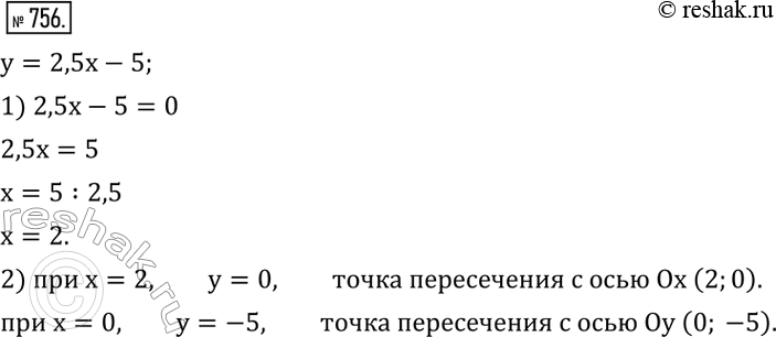 Изображение 756. Дана функция y=2,5x-5. Найти:1) значение x, при котором значение функции равно нулю;2) координаты точек пересечения графика функции с осями...