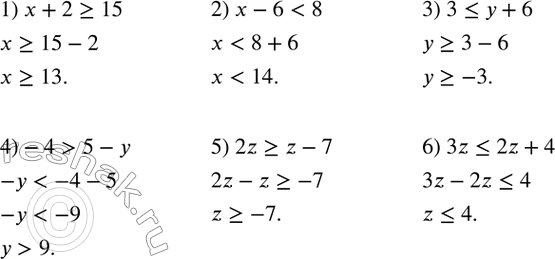Изображение 90. Решить неравенство:1) x+2?15;2) x-65-y;5) 2z?z-7;6) 3z?2z+4. ...