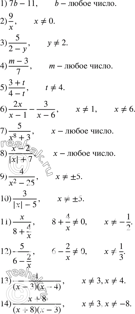 Изображение 840. При каких значениях переменной имеет смысл выражение:1) 7b-11;2) 9/x;3) 5/(2-y);4) (m-3)/7;5)...