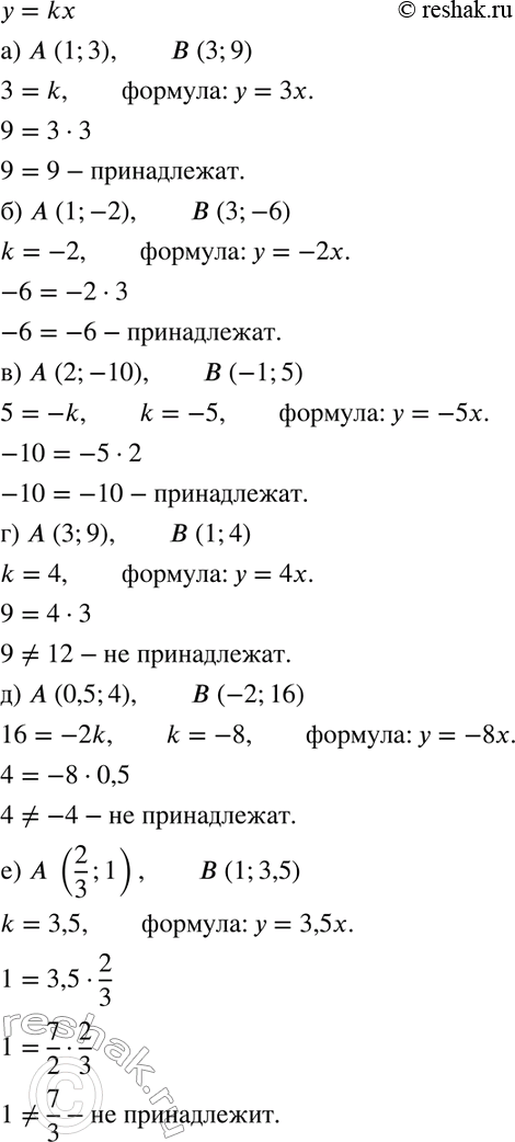 Изображение 375. Проверьте, принадлежат ли точки А и В графику функции у = kx, если:а) А(1; 3), В(3; 9);	б) А(1;	-2), В(3; -6);в) А(2; -10), В(—1; 5); г) А(3; 9), В(1;...
