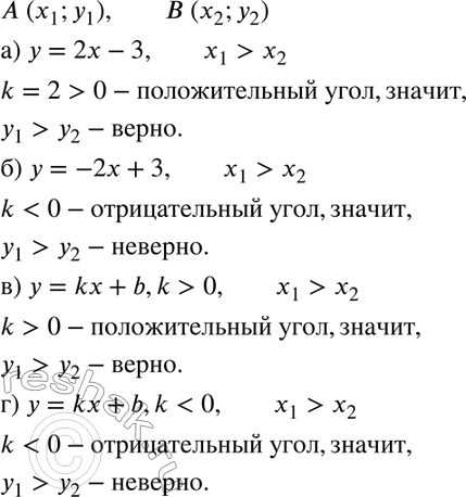Изображение 396. Точки А(х1; у1) и В(х2; у2) принадлежат графику функции: а) у = 2х - 3;	б) у = -2х + 3;в) у = kx + b, k > 0; г) у = kx + и, k < 0.Верно ли, что если x1 >...