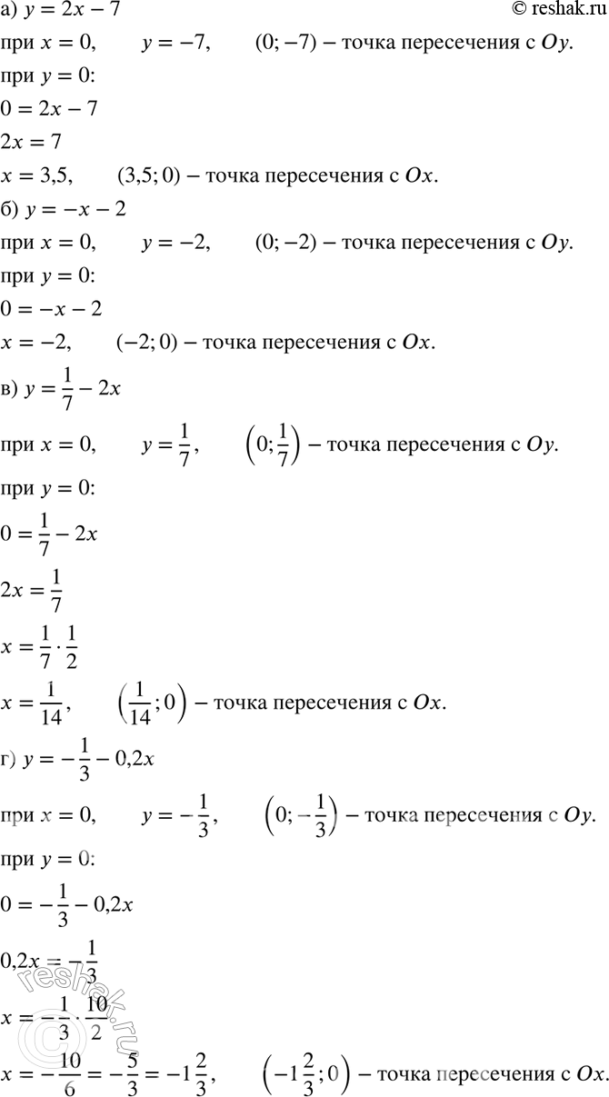 Изображение 564 Определите координаты точек пересечения с осями координат графика функции:а) у = 2х - 7; б) у = -х - 2; в) у = 1/7 - 2х; г) у = -1/3 -...