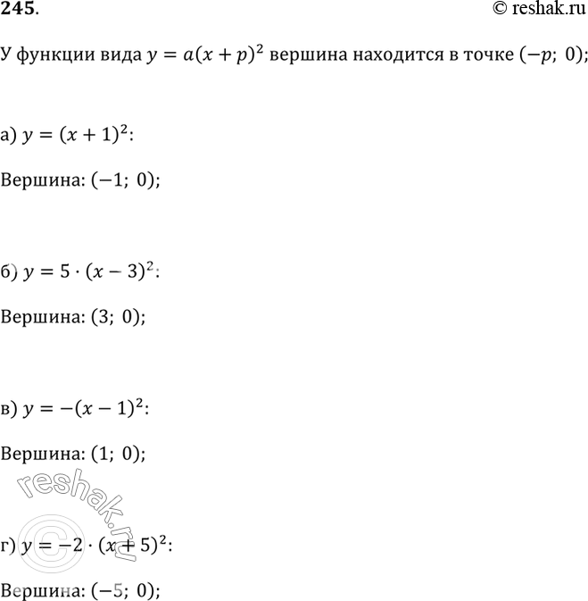 Изображение 245. Назовите координаты вершины параболы, заданной уравнением: а) у = (х + 1)^2;   в) у = -(х - 1)^2;б) у = 5(х - З)^2;   г) у = -2(х +...