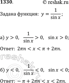 Изображение 1330. В каких промежутках функция y=1/sin(x) принимает:а) положительные значения;   б) отрицательные...