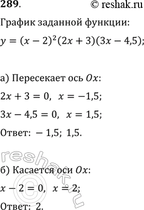 Изображение 289. Найдите координаты точек, в которых график функции y=(x-2)^2(2x+3)(3x-4,5):а) пересекает ось х;   б) касается оси...