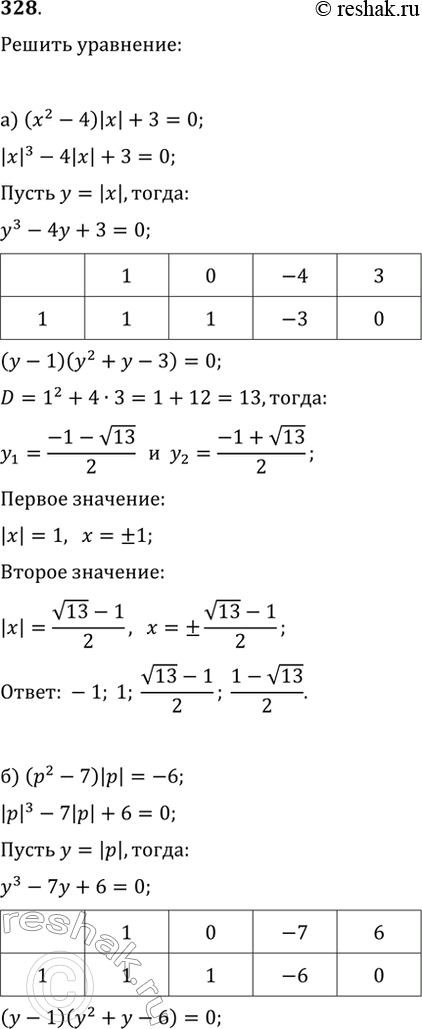Изображение 328. Решите уравнение, используя введение новой переменной:а) (x^2-4)|x|+3=0;   в) 3/(|x|-2)-9/(|x|+3)=x^2/(x^2+|x|-6);б) (p^2-7)|p|=-6;   г)...