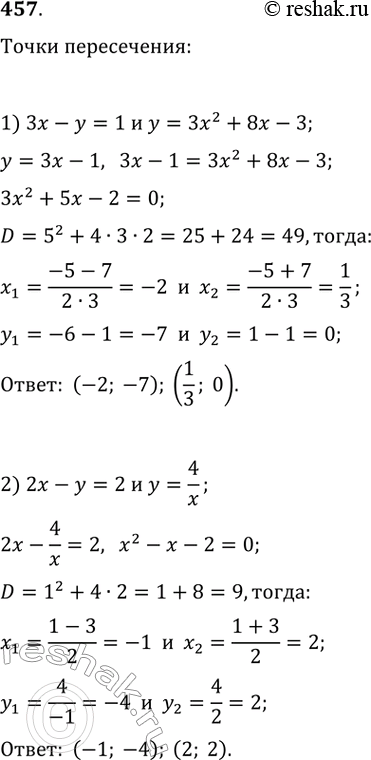 Изображение 457. Не выполняя построения, найдите координаты точек пересечения:1) прямой Зх - у - 1 и параболы у = Зх^2 + 8х - 3;2) прямой 2х - у = 2 и гиперболы y = 4/x;3)...