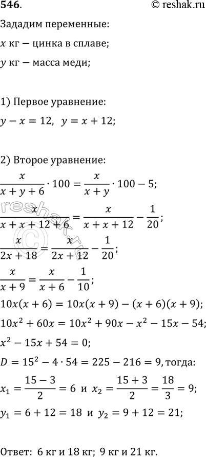 Изображение 546. К сплаву меди и цинка, содержавшему меди на 12 кг больше, чем цинка, добавили 6 кг меди. Вследствие этого процентное содержание цинка в сплаве снизилось на 5...