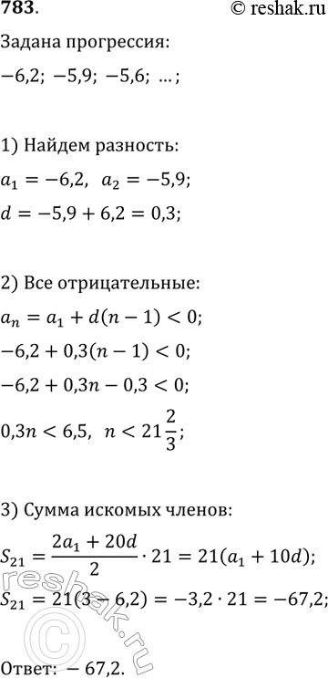 Изображение 783. Найдите сумму всех отрицательных членов арифметической прогрессии -6,2; -5,9; -5,6; ......