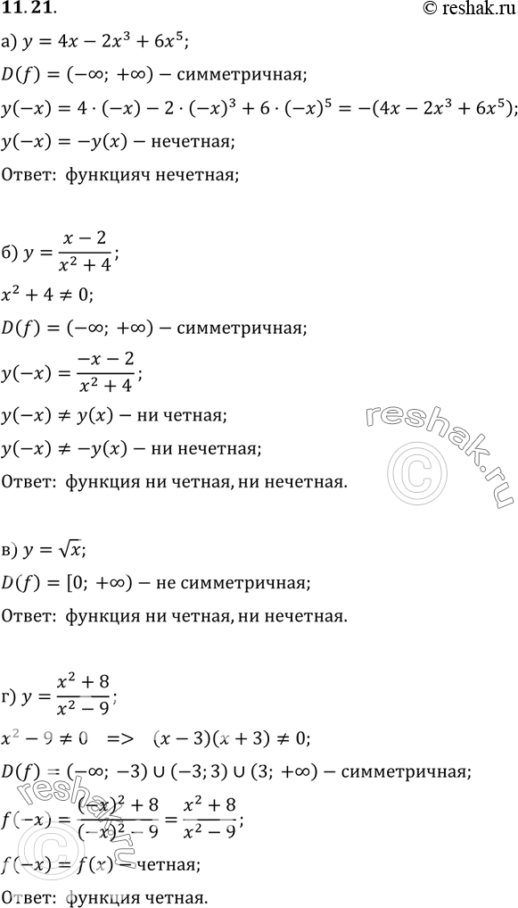 Изображение 11.21.	Исследуйте на четность функцию:а) y= 4x-2x3+6x5; б) y=(x-2)/(x2+4);в) y= корень x;г) y= (x2+8)/ (x2-9)....