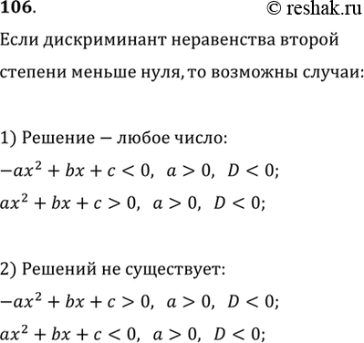 Изображение 106. Имеет ли неравенство второй степени решения, если его дискриминант меньше нуля? Какие случаи возможны?Неравенство не имеет решений.ax^2+bx+c>0...