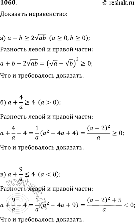 Изображение 1060. Докажите неравенство:а) a+b?2v(ab) (a?0, b?0);   б) a+4/a?4 (a>0);в) a+9/a?4 (a0);д) 9a+4/a?12 (a>0);   е) 25a+16/a?40...