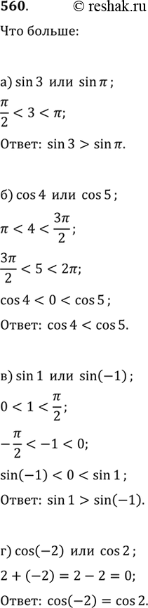 Изображение 560.а) sin3 и  sin пи б) cos4 и  cos5  в) sin1 и  sin(-1)  г) cos(-2) и cos2 ...