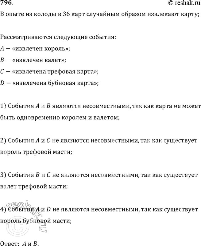 Изображение 796. В опыте из колоды (36 карт) случайным образом извлекают карту. Рассматриваются события А — «извлечён король», В — «извлечён валет», С — «извлечена трефовая карта»,...