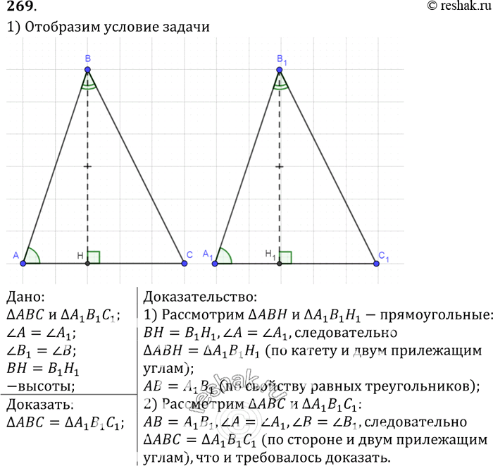 Изображение Докажите, что треугольник АВС = треугольнику А1В1С1, если угол A = угол A1, угол B = угол B1 и ВН = B1H1, где ВН и В1Н1 — высоты треугольник АВС и треугольник...