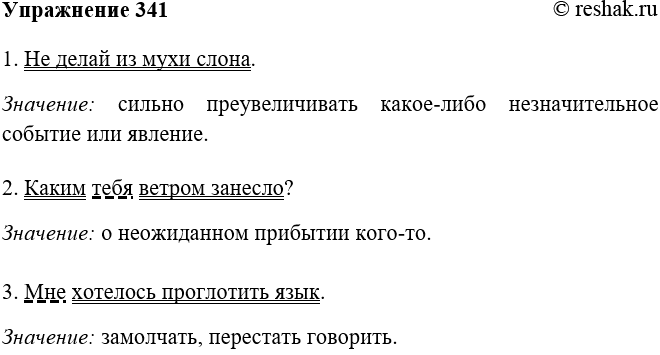 Изображение 341 Прочитайте предложения с фразеологизмами. Объясните, когда мы так говорим. Разберите предложения по членам.1. Не делай из мухи слона.Значение: сильно...