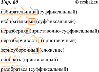 Изображение 60. Разберите по составу слова с корнем -бир-//-бер-//-бор-//-бр-. Определите способ образования каждого слова.Избирательница, избирательный, неразбериха,...